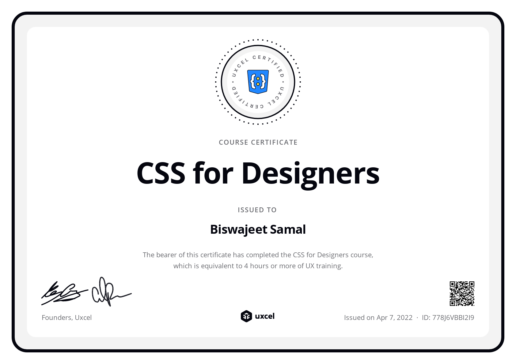 Biswajeet Samal's certificate